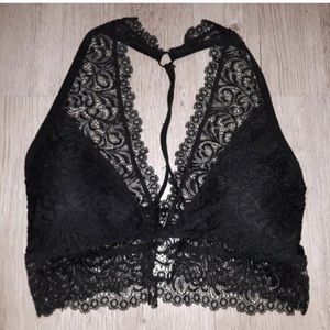 Black Lace Strappy Halter Bralette Size Small Lightly Padded Lined Wire Free